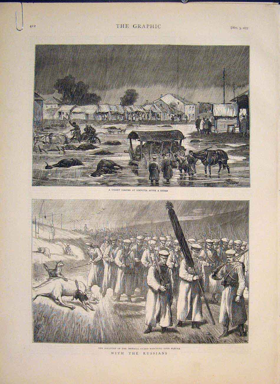 Original Old Antique Print Simnitza Russians Russia Plevna Infantry Shipka 1877