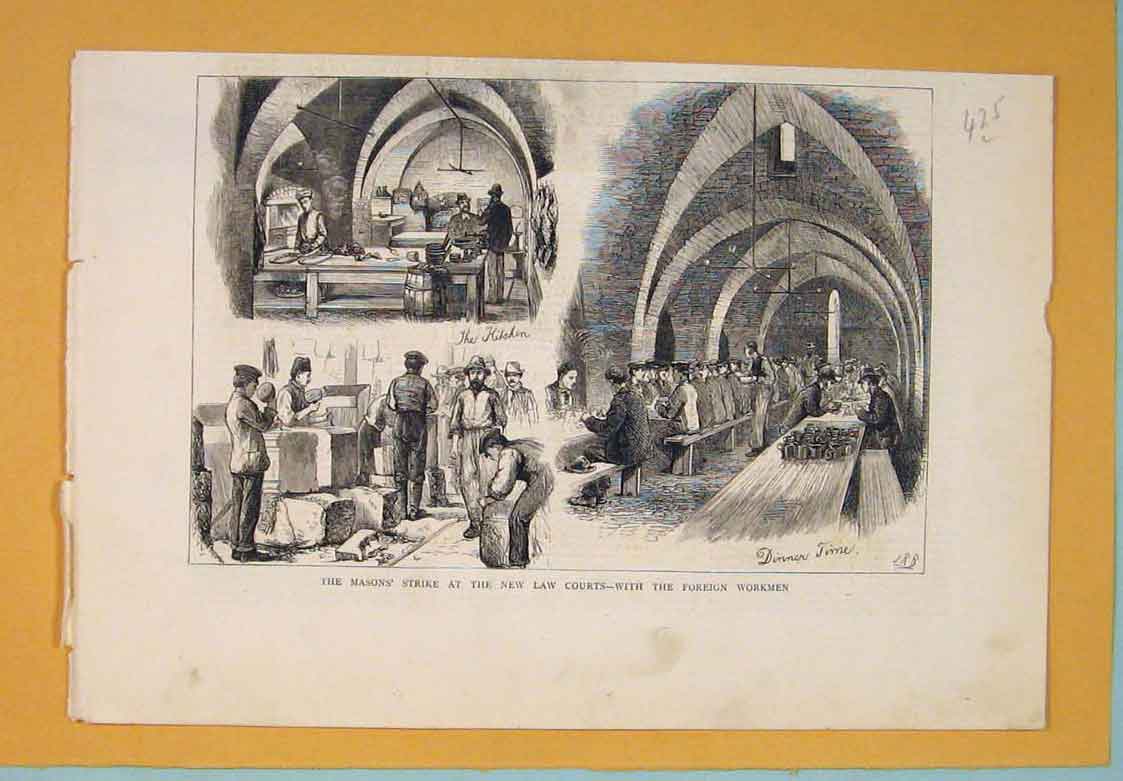 Original Old Antique Print Masons Strike Law Courts Foreign Workmen London 1877