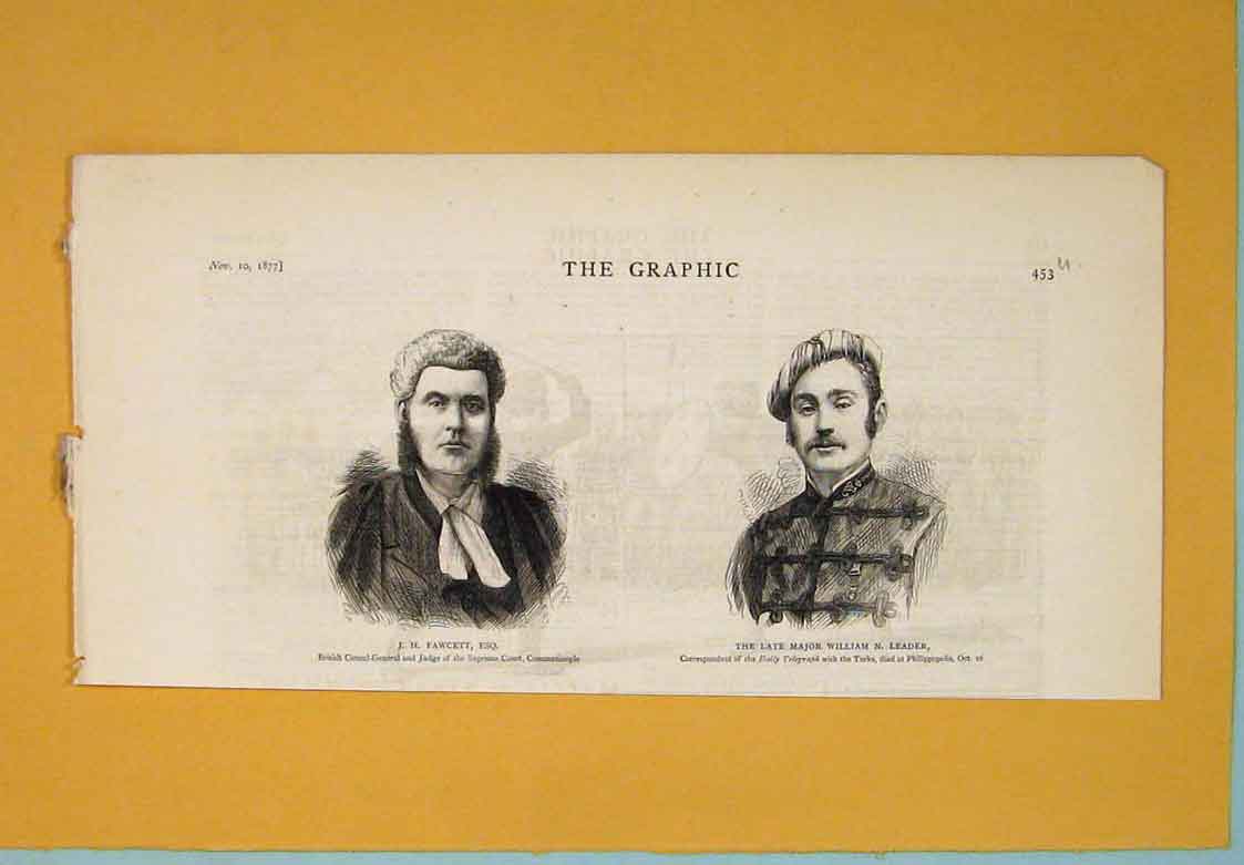 Old Antique Print Portrait Fawcett Judge Leader Correspondent Turks 1877 19th