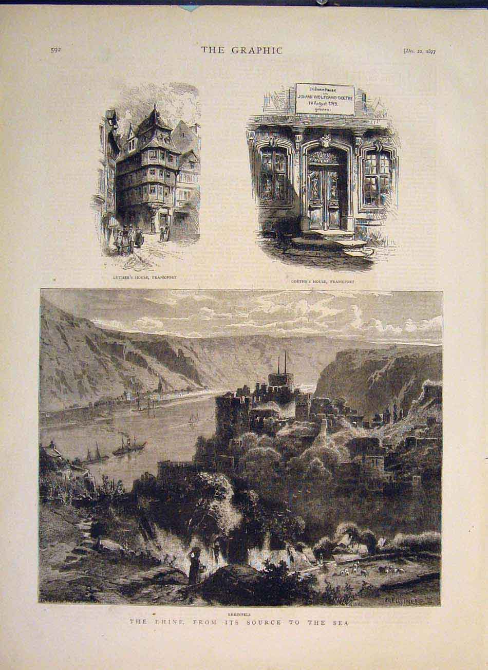 Original Old Antique Print Rhine River Germany Luther Frankfort Goethe 1877 19th