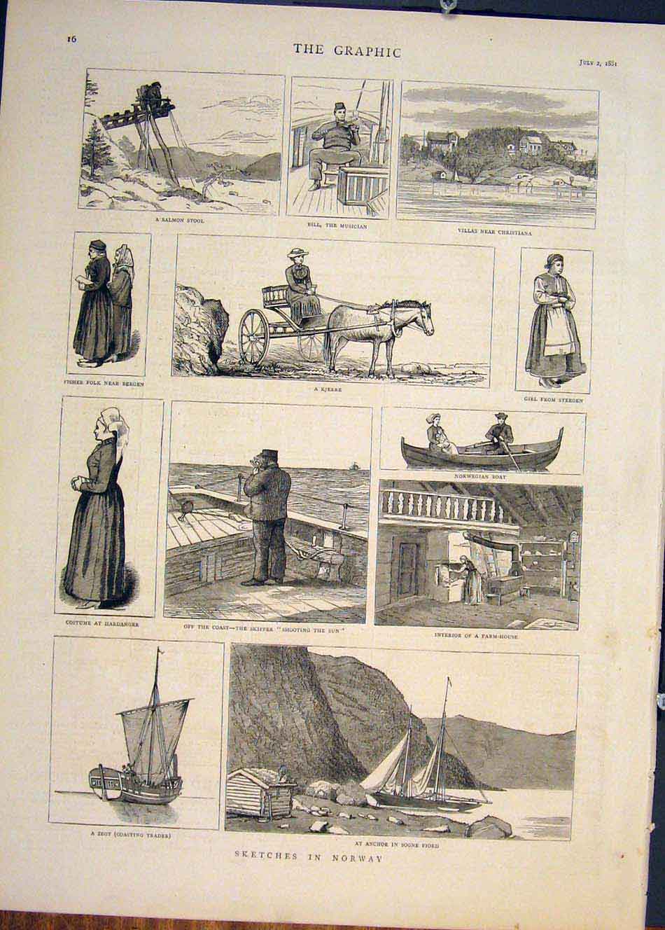 Original Old Antique Print Sketch Norway Kjerre Sogne Fiord Bergen Steegen 1881