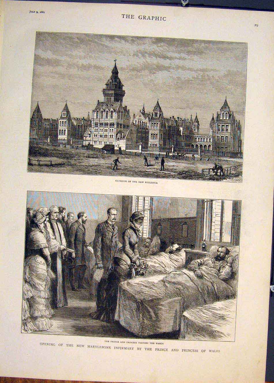 Original Old Antique Print Marylebone Infirmary Building Prince Princess Wales
