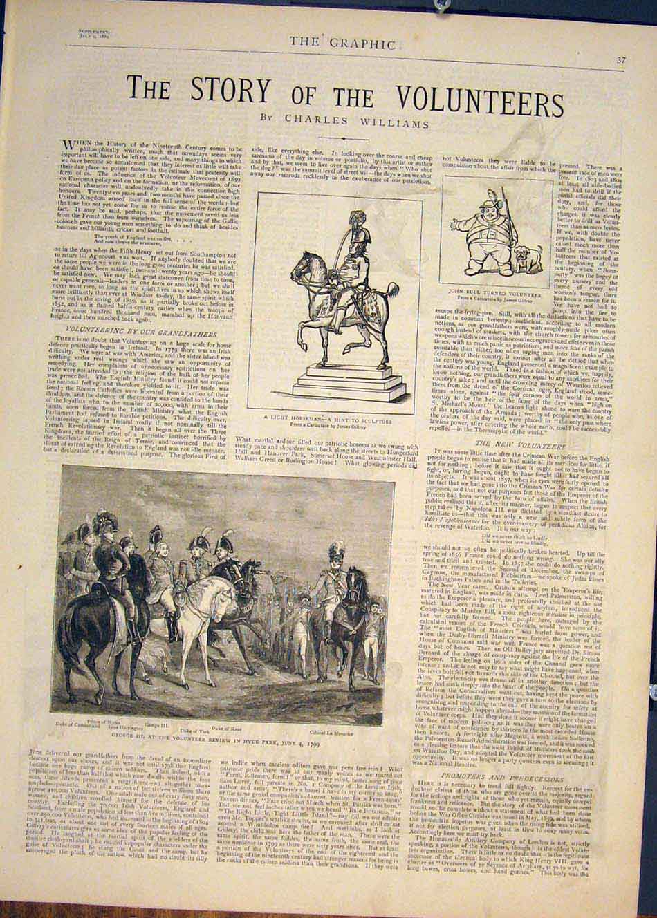 Original Old Antique Print Hyde Park Volunteer Review Statue Artillery Finsbury