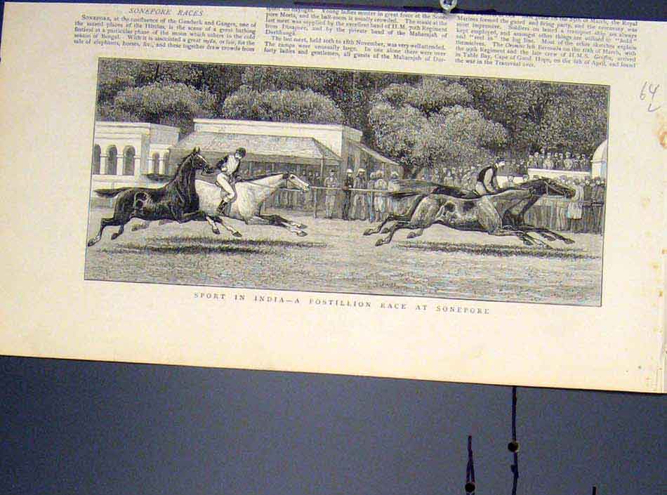 Original Old Antique Print India Sport Postillion Race Sonepore Gunduck Ganges