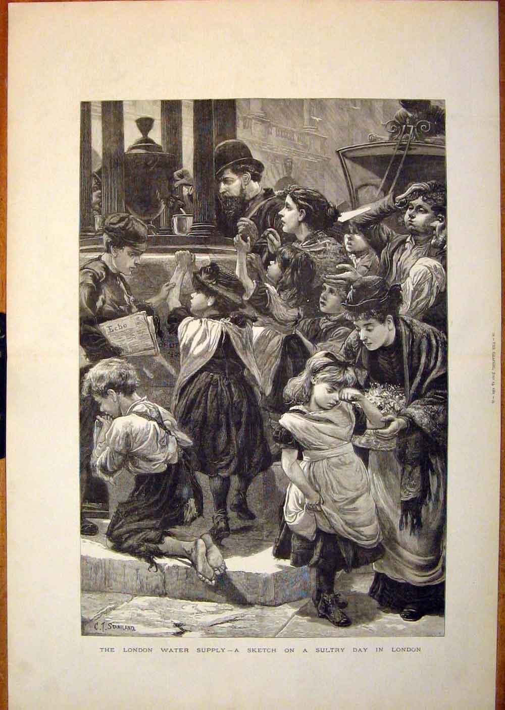Original Old Antique Print London Staniland Sketch Children Water 1881 19th
