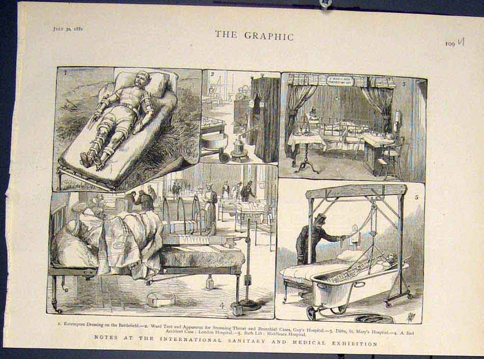 Old Antique Print International Sanitary Medical Exhibition Hospital 1881 19th