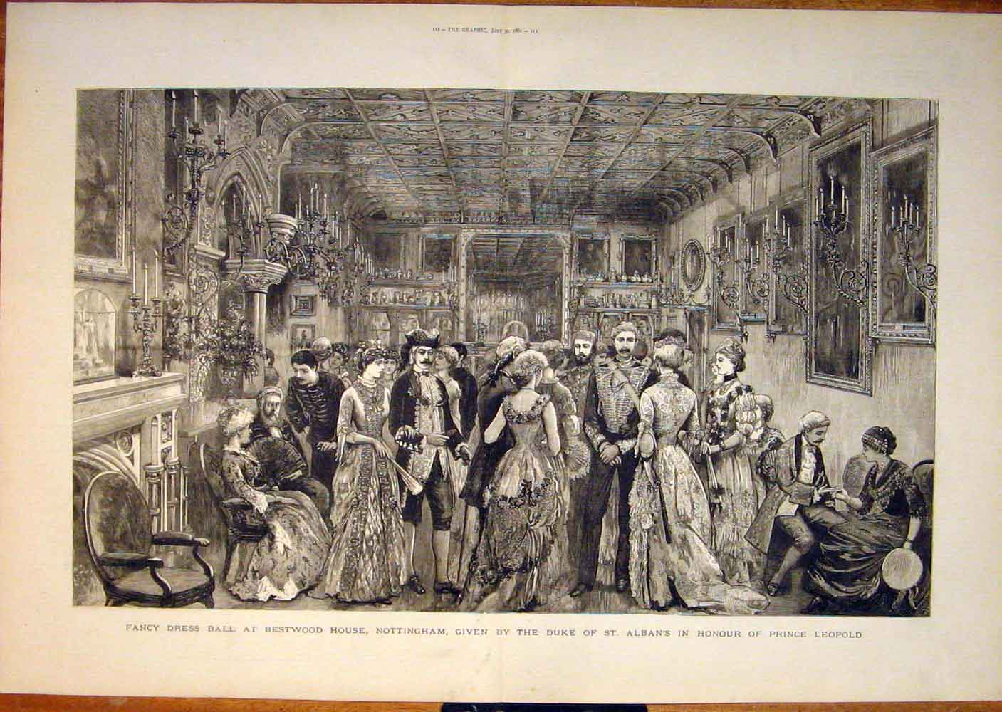 Original Old Antique Print Fancy Dress Ball Nottingham St Alban'S Prince Leop