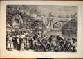 Original Old Antique Print Thames Embankment Sketch London River Ship 1881 19th