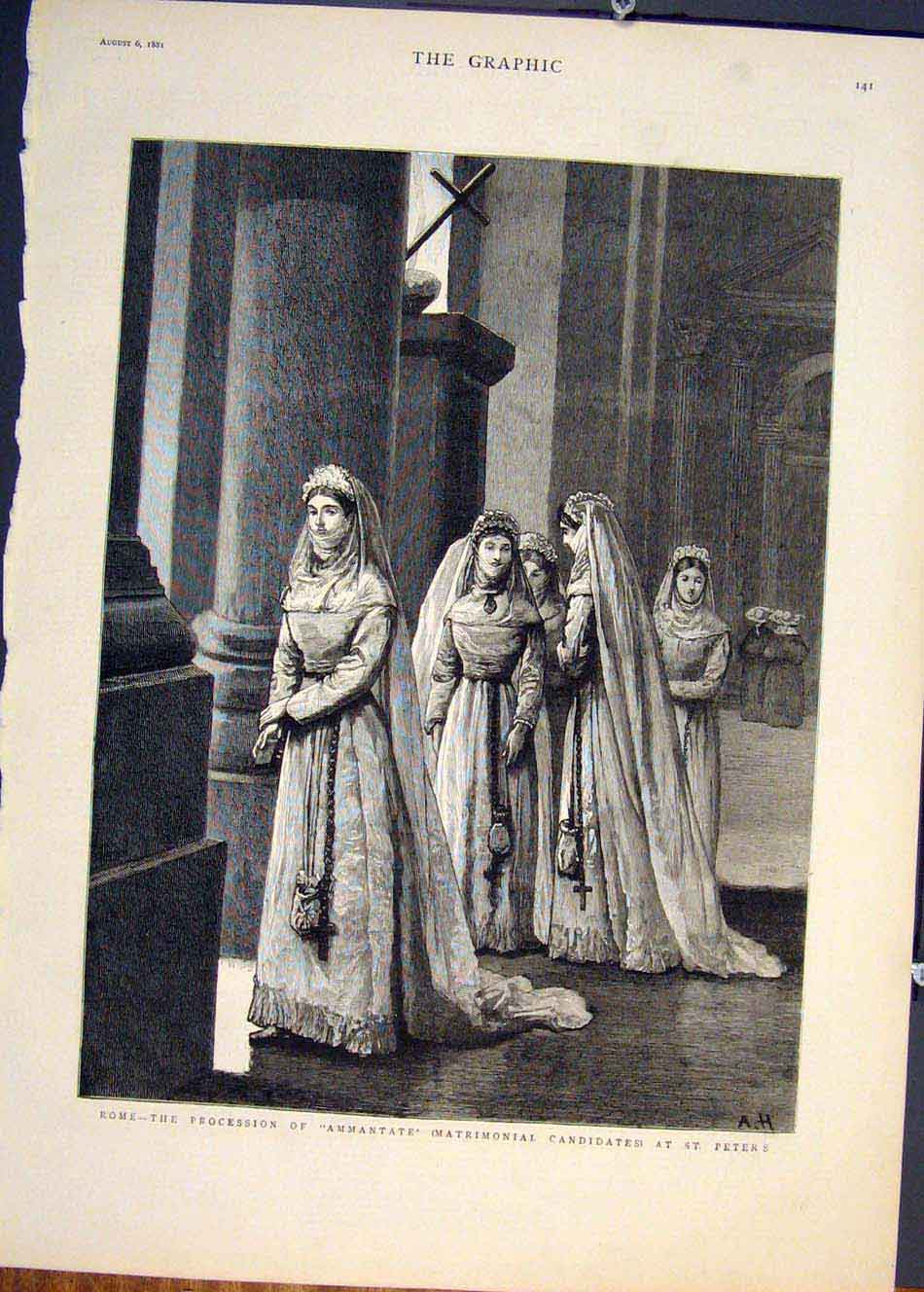 Old Antique Print Rome Procession Matrimonial Candidates St Peter'S 1881 19th