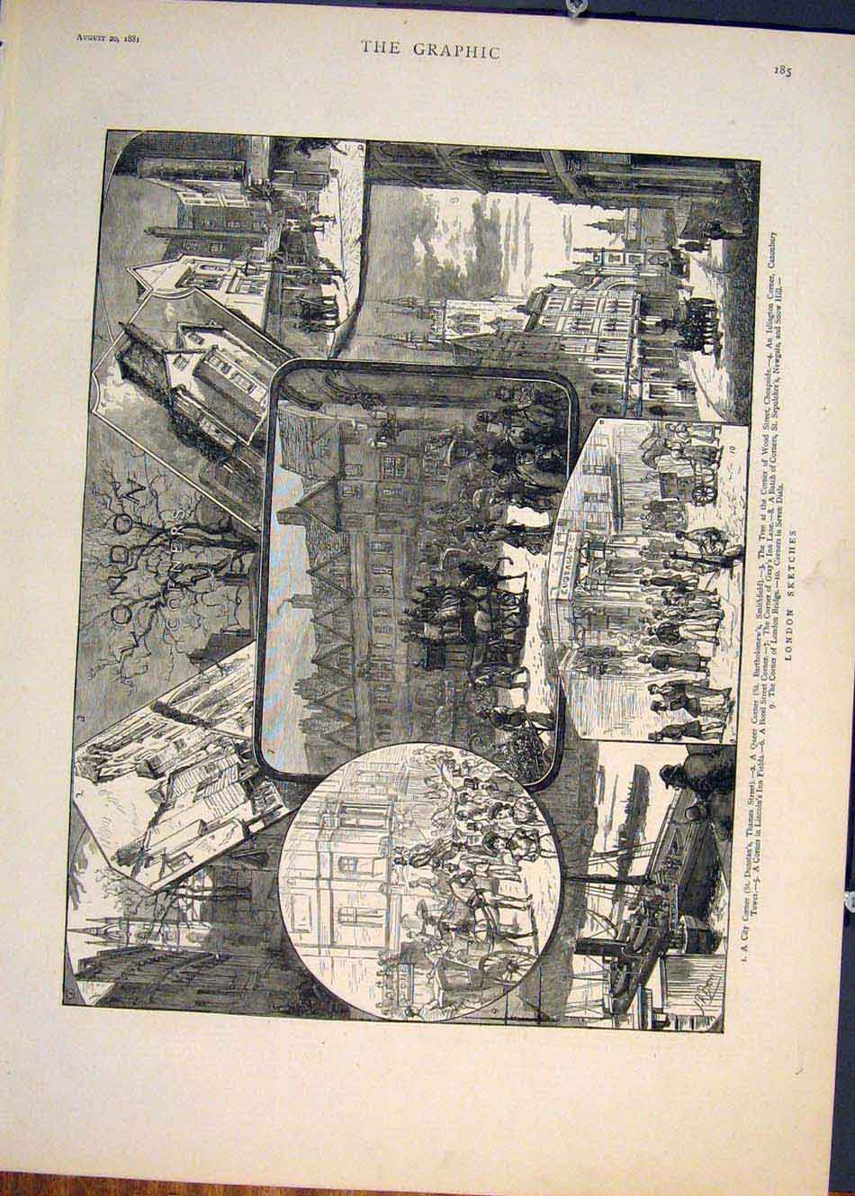 Original Old Antique Print London Sketches Thames Bridge Cheapside 1881 19th