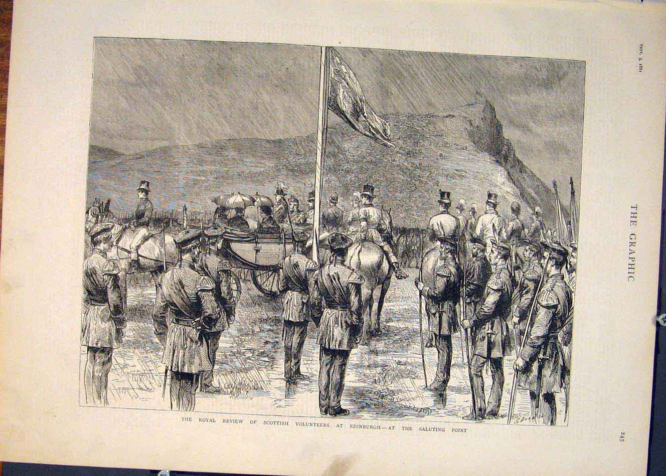 Original Old Antique Print Royal Scottish Edinburgh Saluting Sier 1881 Victorian