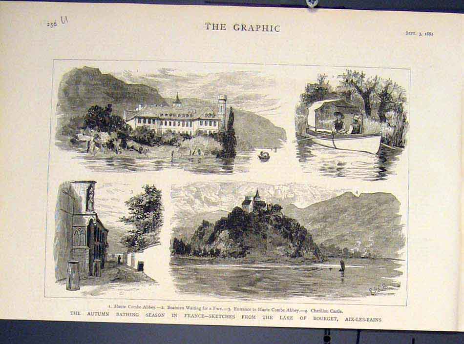 Old Antique Print France Lake Bourget Aix-Les-Bains Haut Combe Abbey 1881 19th