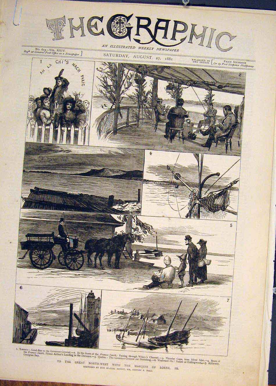 Original Old Antique Print Marquis Lorne Hall Quebec Canada America Indian 1881