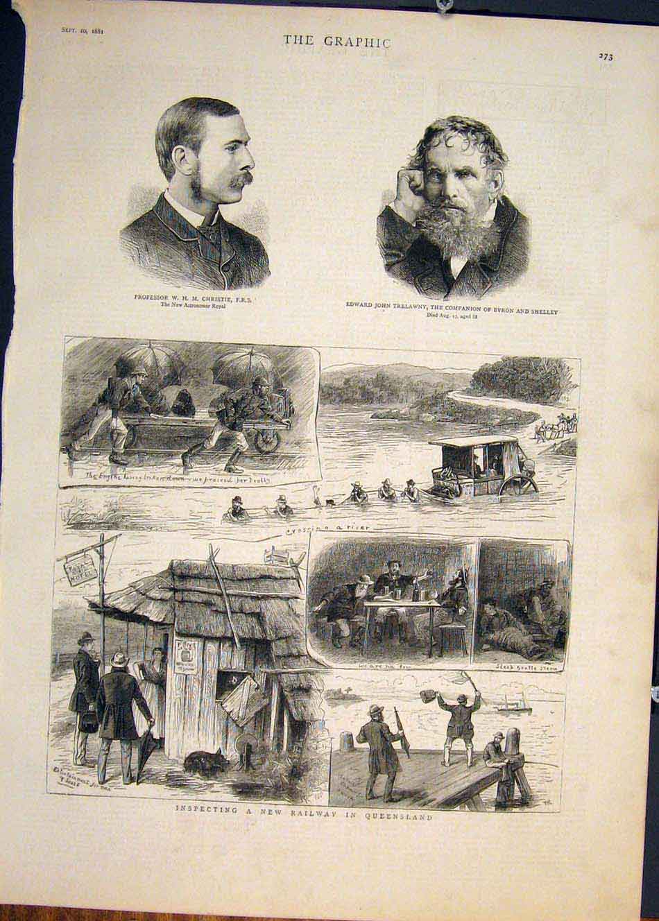 Old Antique Print Railway Queensland Australia Christie Trelawny Portrait