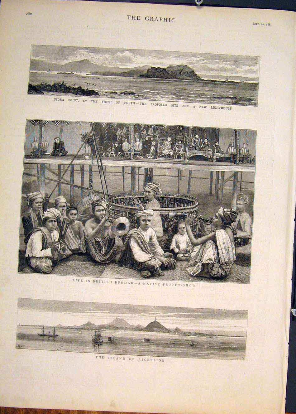 Original Old Antique Print Fidra Firth Forth Lighthouse British Burmah Ascension