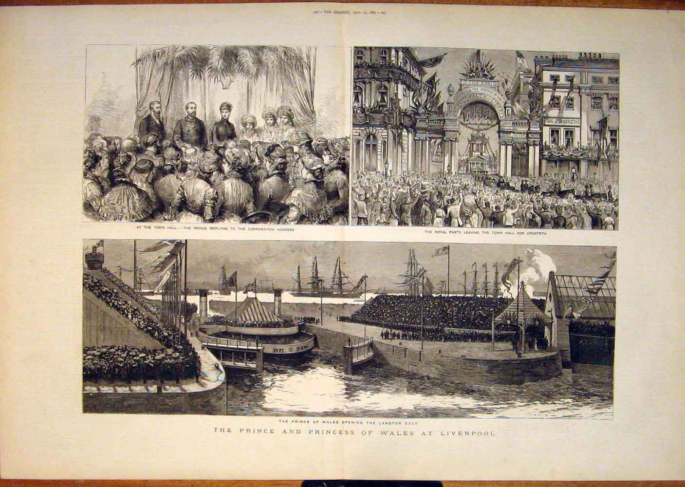Old Antique Print Liverpool Prince Princess Wales Croxteth Langton Dock