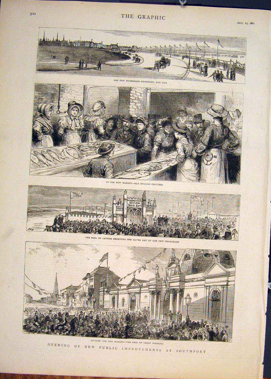 Old Antique Print Southport Market Promenade Pier Lathom Earl Derby 1881 19th