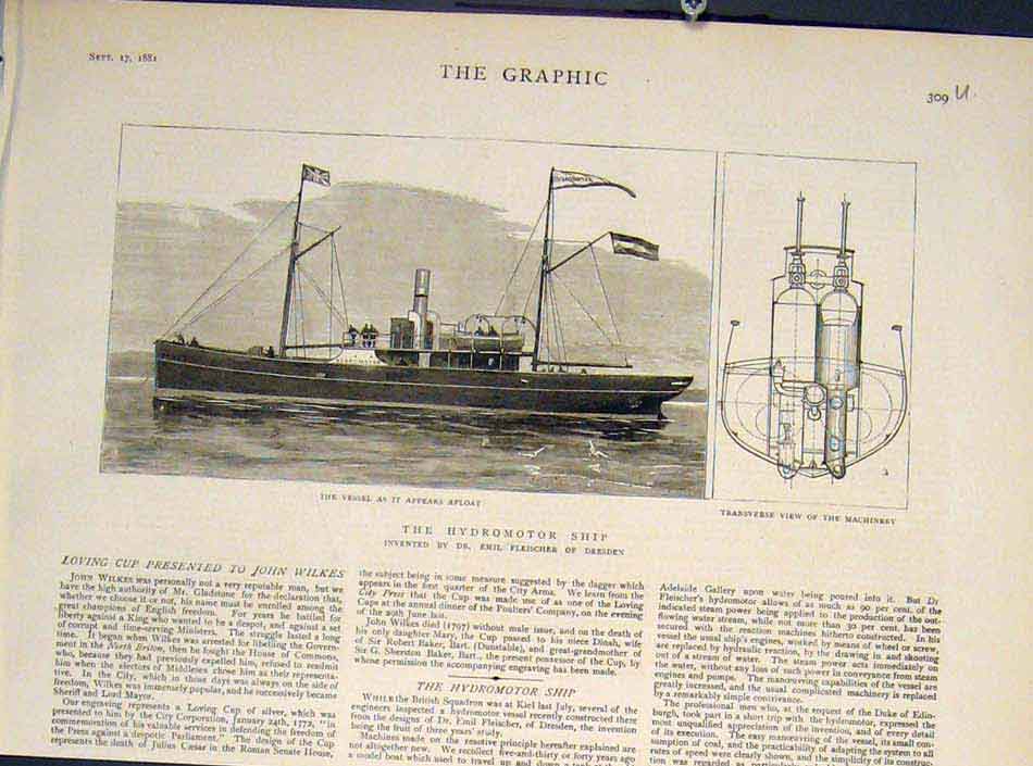 Old Antique Print Hydromotor Ship Vessel Fleischer Dresden Germany 1881 19th