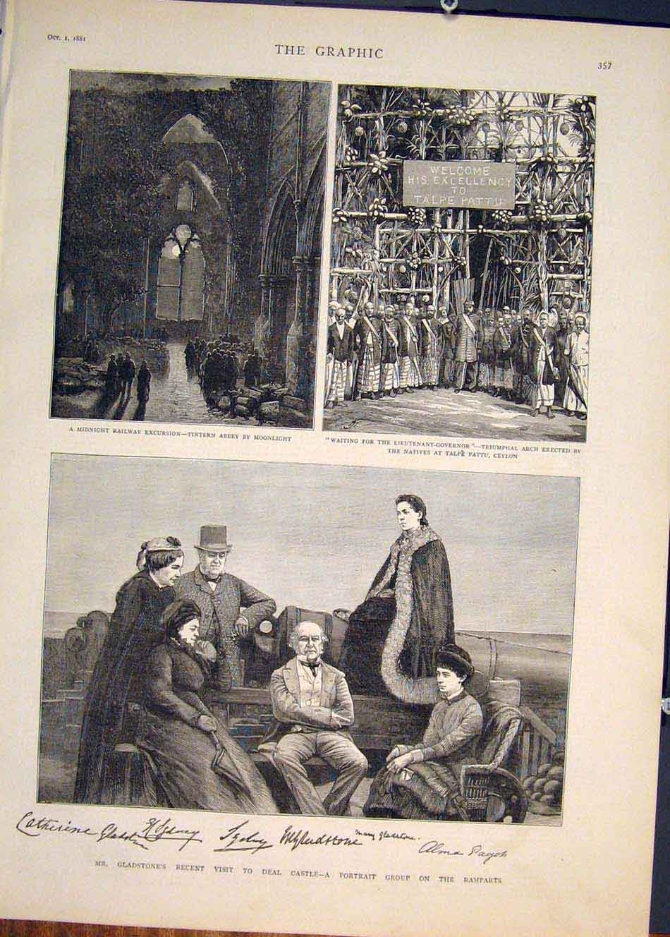 Original Old Antique Print Gladstone Deal Castle Portrait Tintern Abbey Ceylon