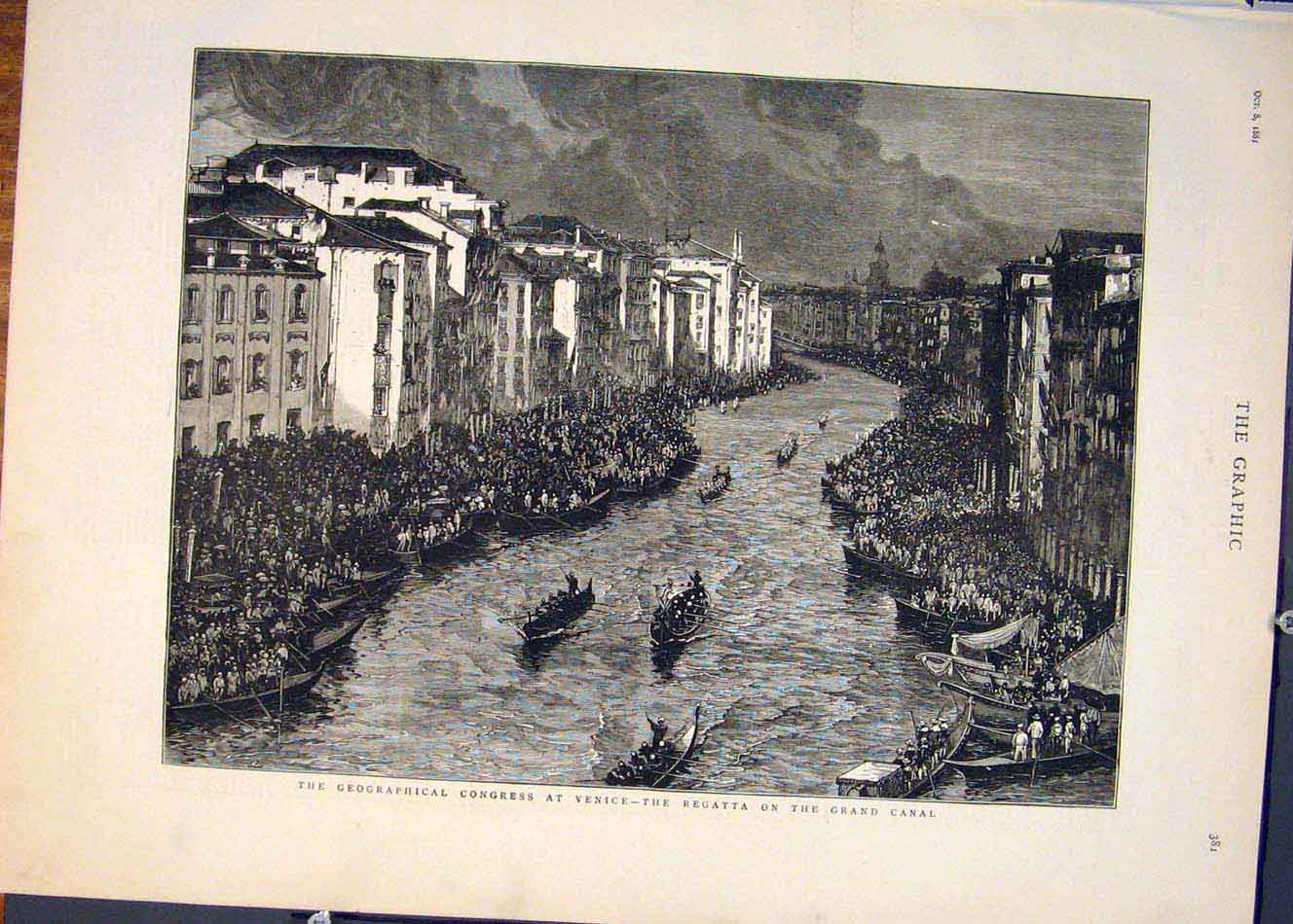 Original Old Antique Print Geographical Congress Venice Regatta Grand Canal 1881