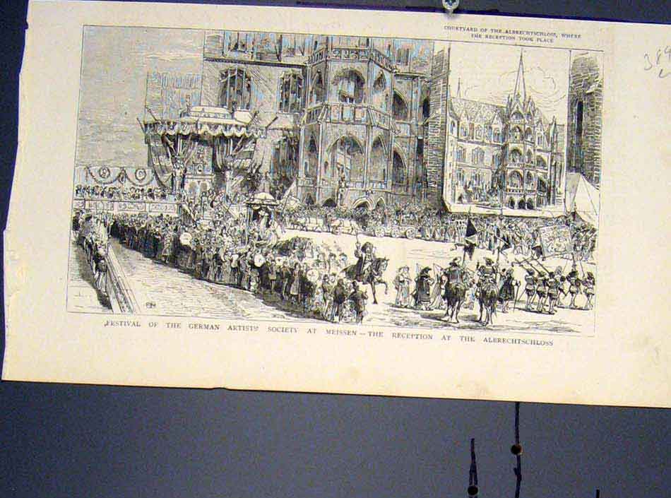 Old Antique Print German Artist Society Meissen Albrechtschloss Germany