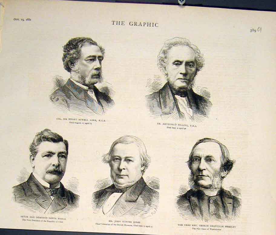 Old Antique Print Portrait Lake Billing Santa Maria Chilli Jones Bradley