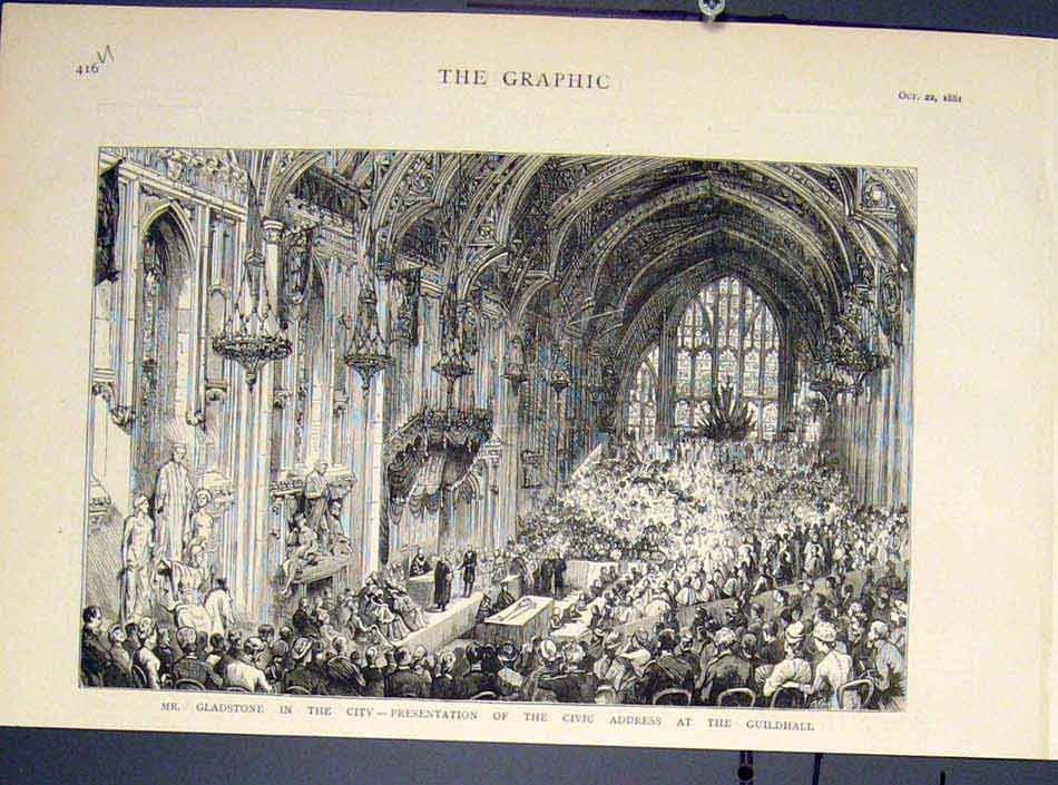 Original Old Antique Print Gladstone Civic Address Guildhall London 1881 19th