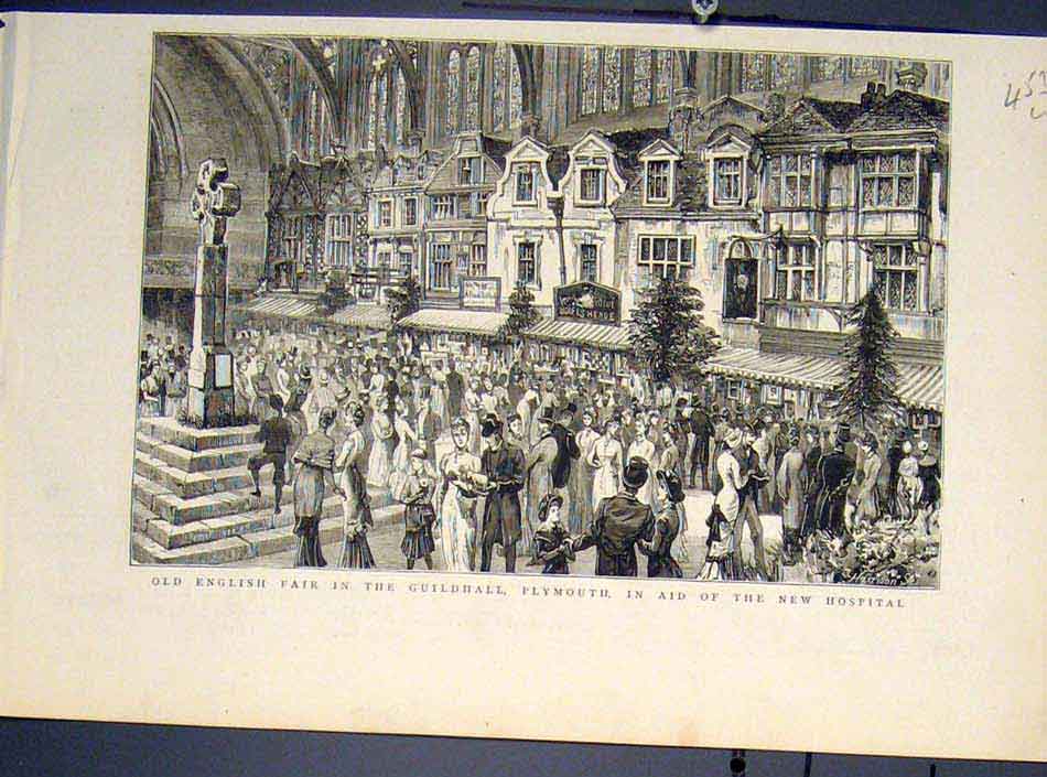 Original Old Antique Print Fair Guildhall Plymouth Hospital English 1881 19th