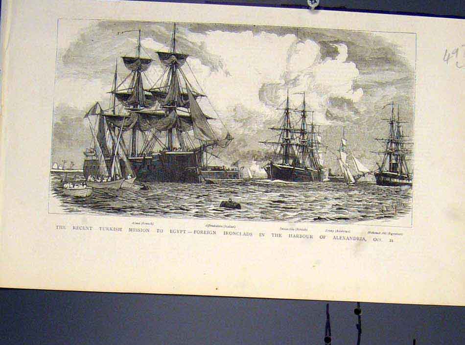 Old Antique Print Egypt Turkish Mission Ironclad Harbour Alexandria 1881 19th