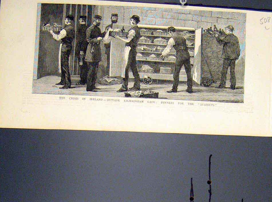 Original Old Antique Print Crisis Ireland Kilmainham Gaol Dinner Prison 1881