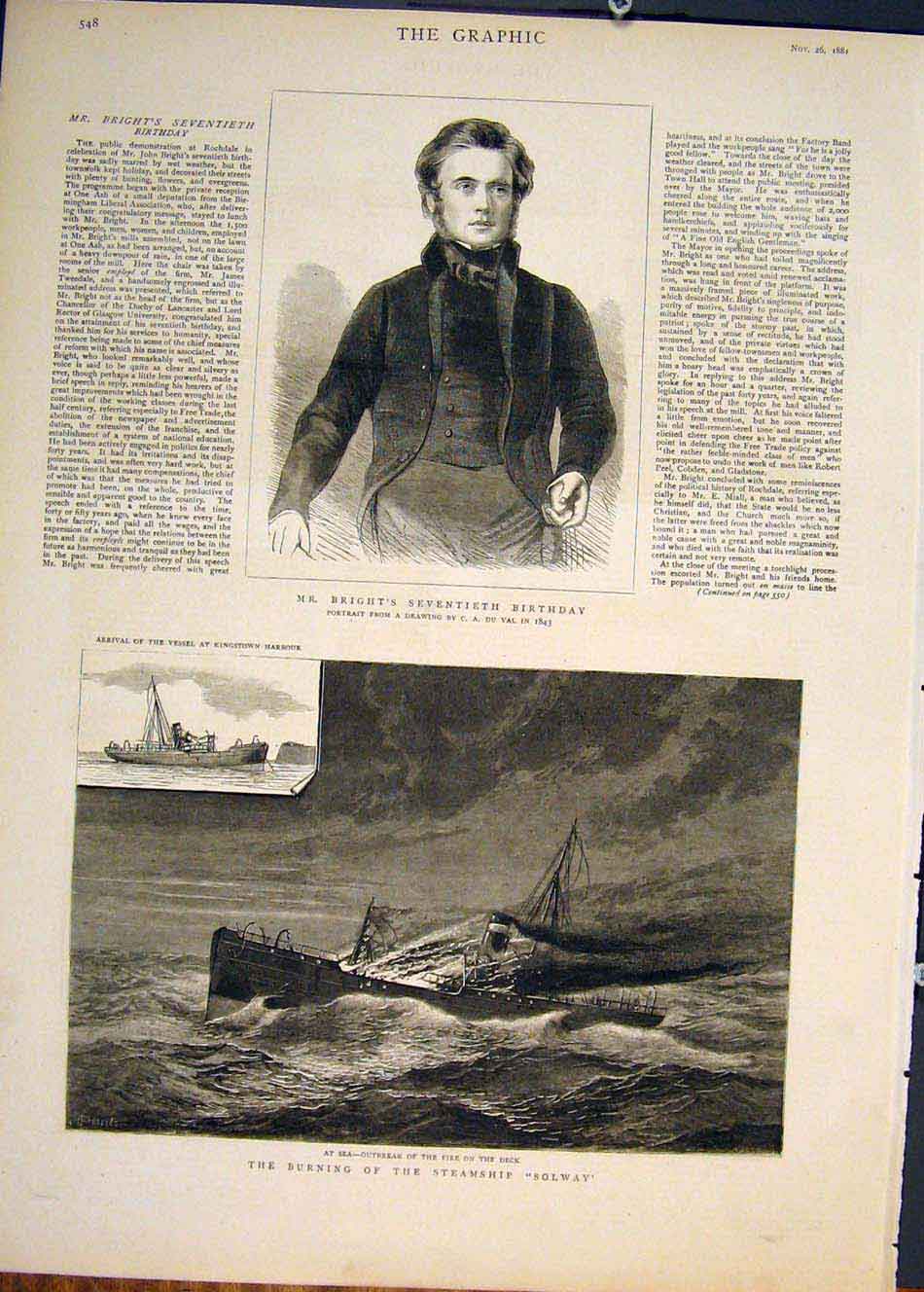 Original Old Antique Print Portrait Bright Steamship Solway Fire Steam Ship 1881