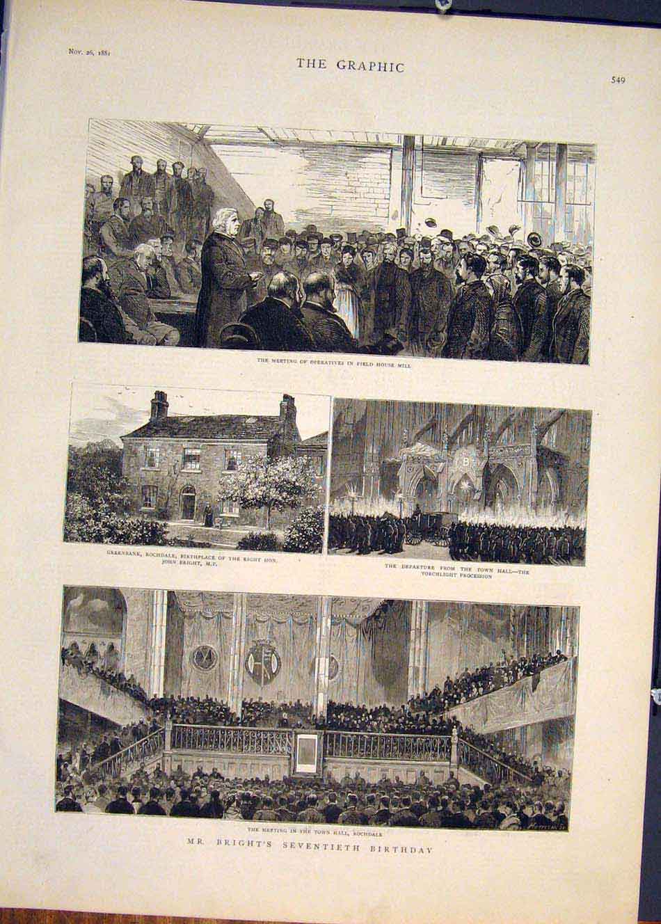 Original Old Antique Print Bright Seventieth Birthday Rochdale Greenbank 1881