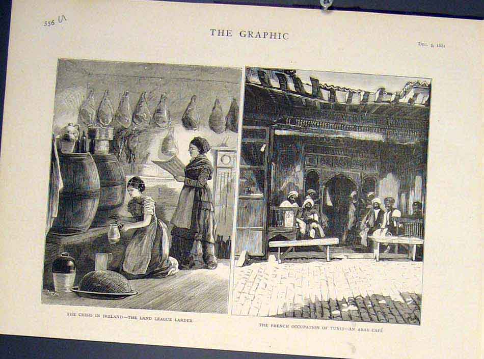 Old Antique Print Ireland Crisis Land League Larder French Tunis Tunisia