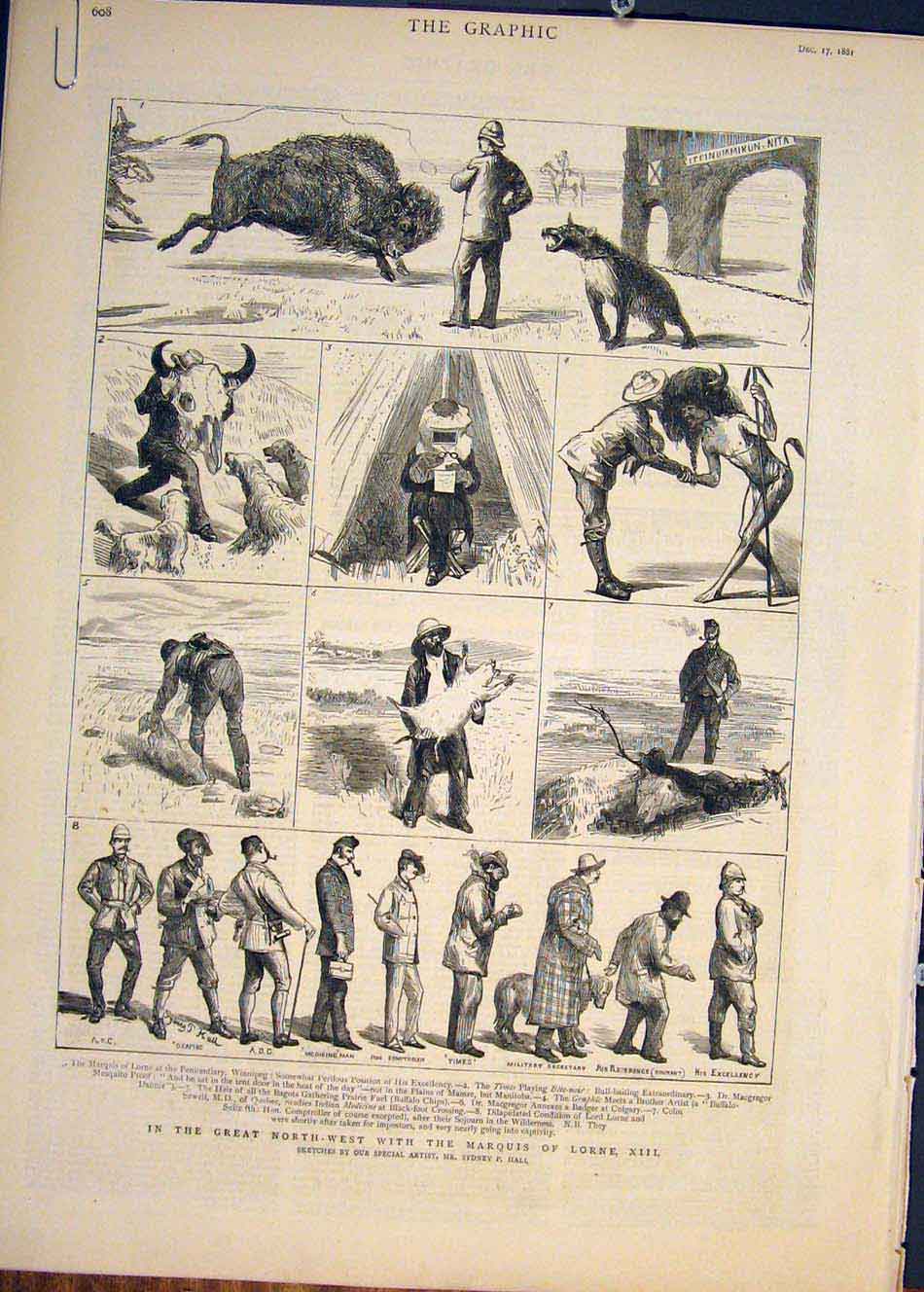 Original Old Antique Print Marquis Lorne Hall Winnipeg America Red Indian 1881
