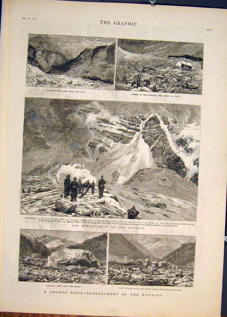 Original Old Antique Print Pacific Siege Riskopf Artillery Mountain 1881 19th