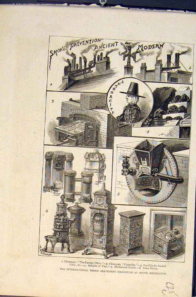 Old Antique Print International Smoke Abatement South Kensington Chimney