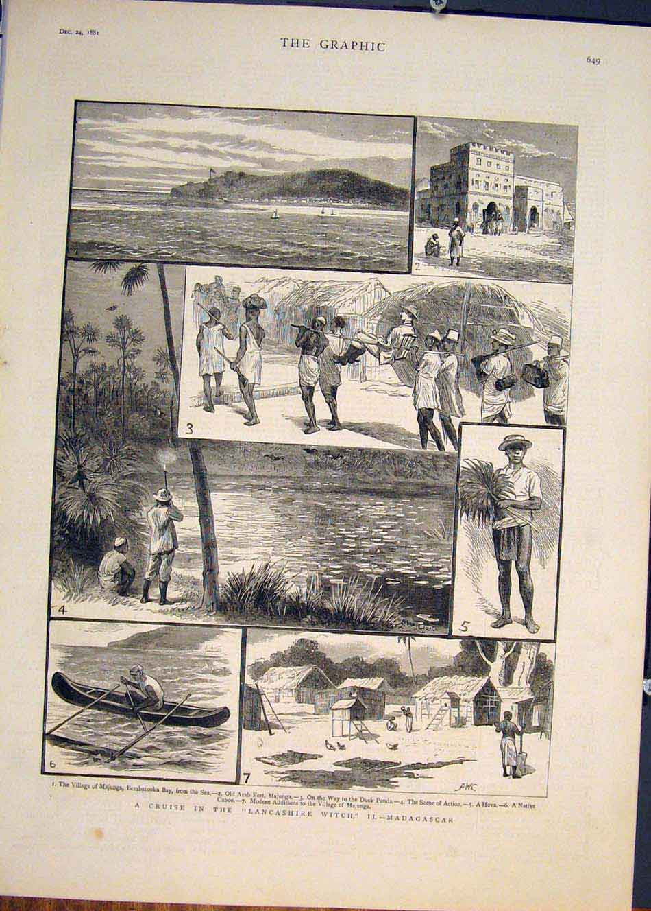 Old Antique Print Lancashire Witch Madagascar Africa Cruise Village 1881 19th