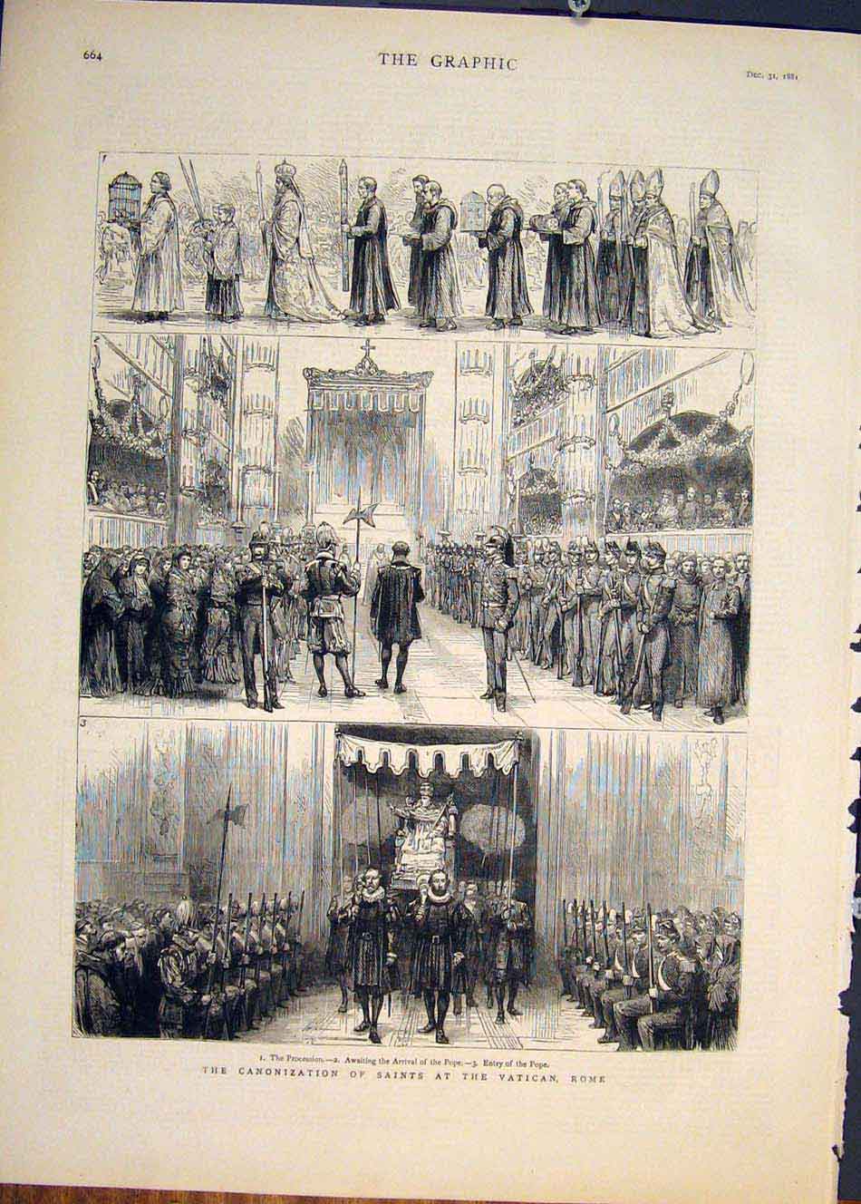 Old Antique Print Canonization Saints Rome Italy Vatican Pope Saint 1881 19th