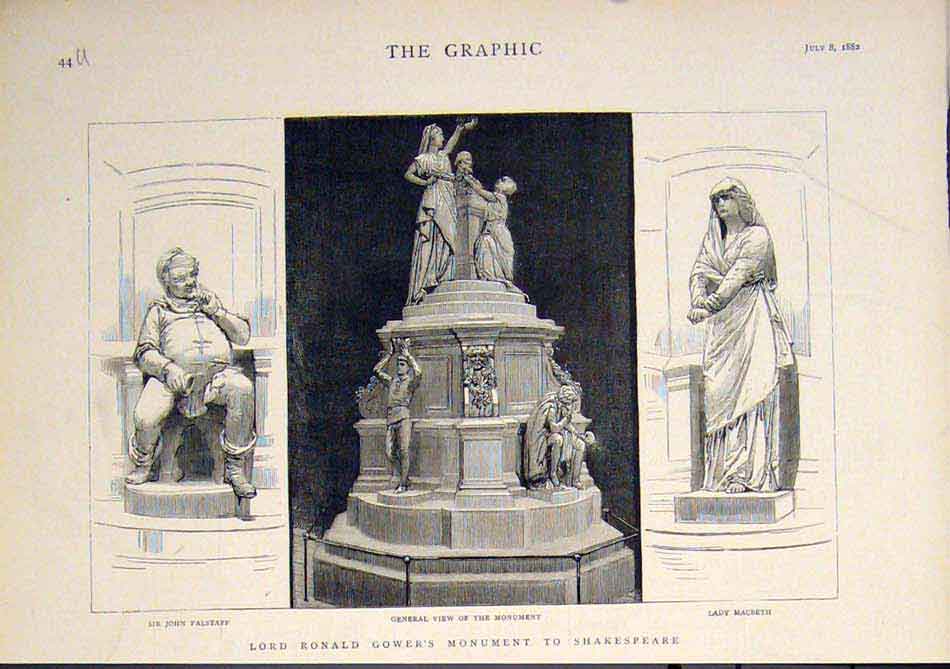 Original Old Antique Print Ronald Gower Falstaff Macbeth Shakespeare Monument