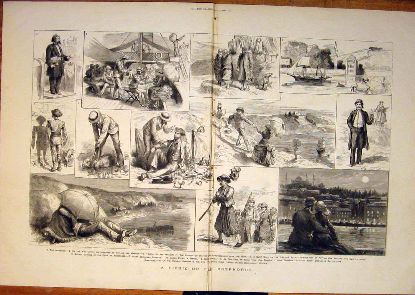 Original Old Antique Print Bosphorus Picnic 1882 19th Century