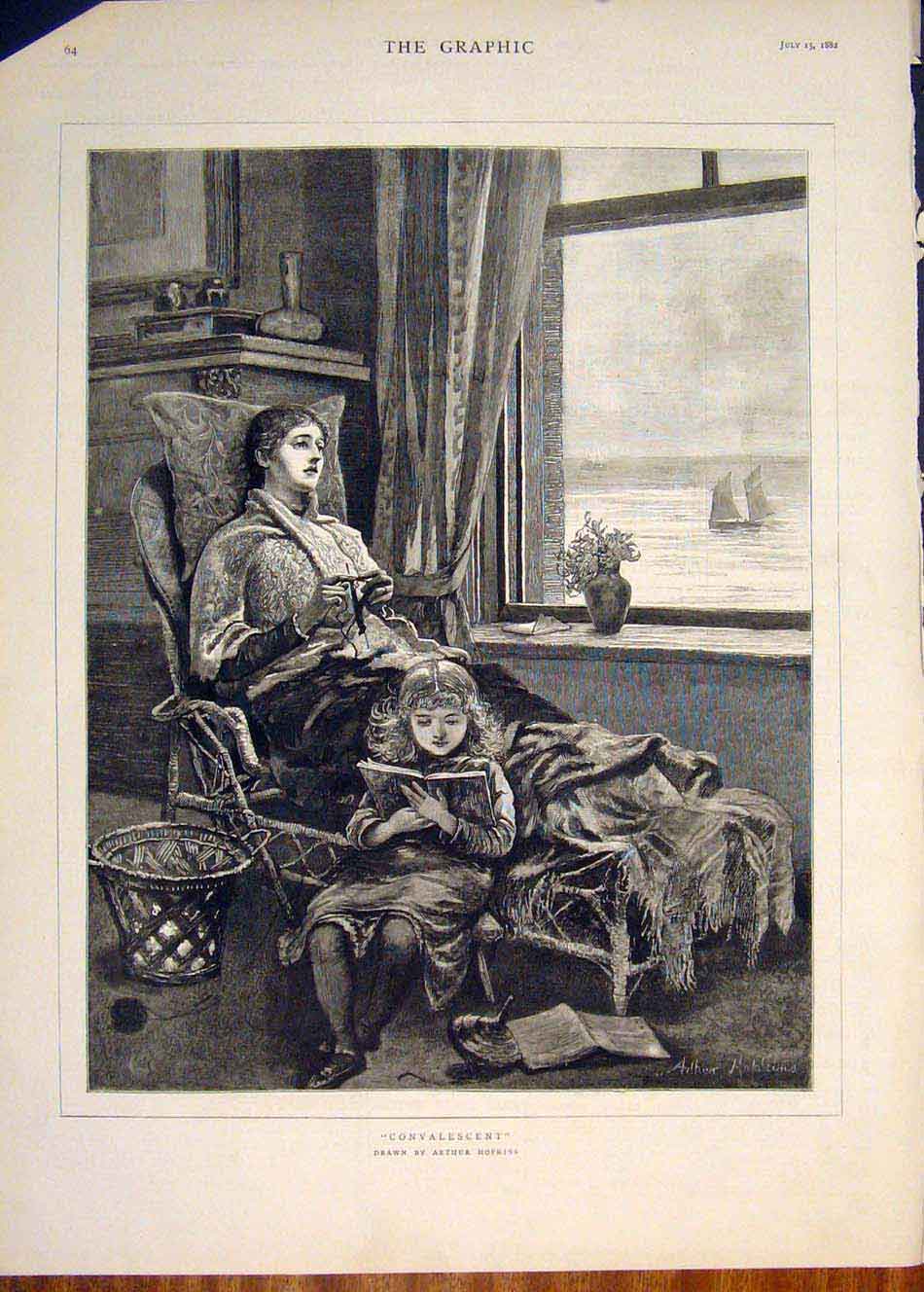 Original Old Antique Print Hopkins Convalescent Lady Girl Child Reading 1882