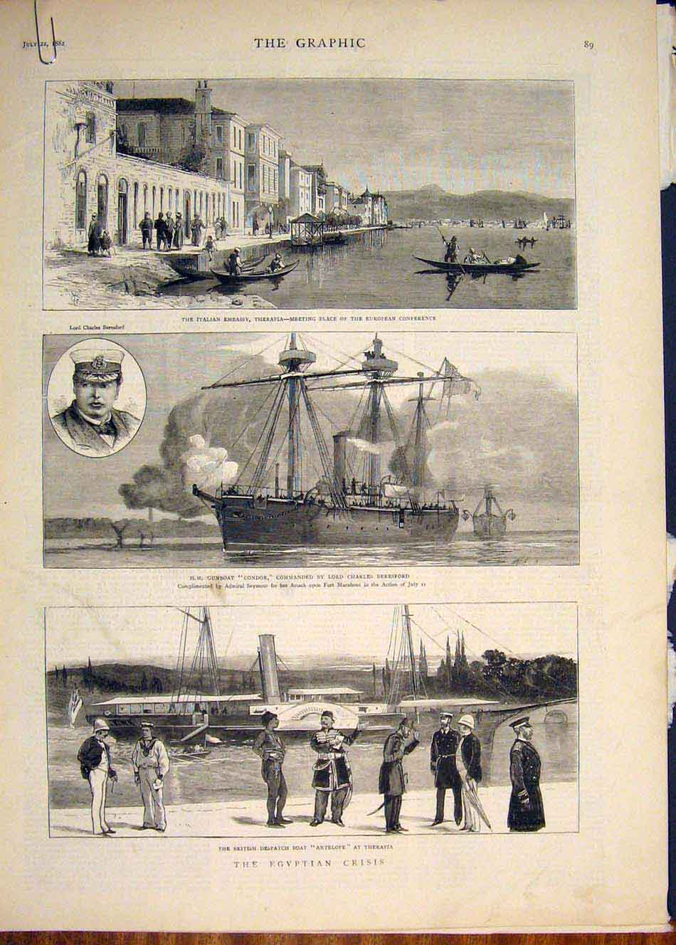 Old Antique Print Italy Therapia Hms Condor Antelope Alexandria Egypt War