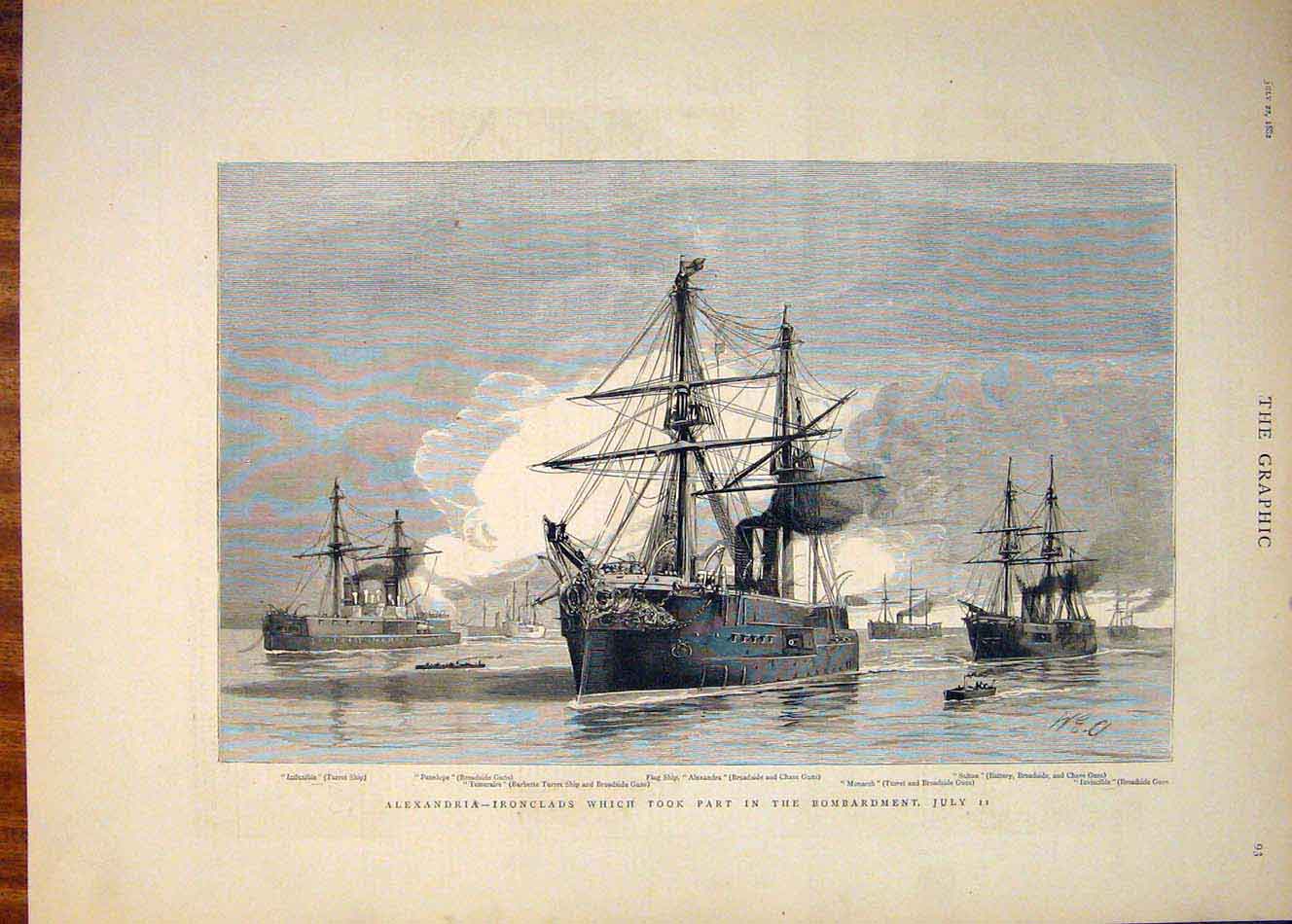 Original Old Antique Print Alexandria Ironclads Ship Ships Enflexible Penelope