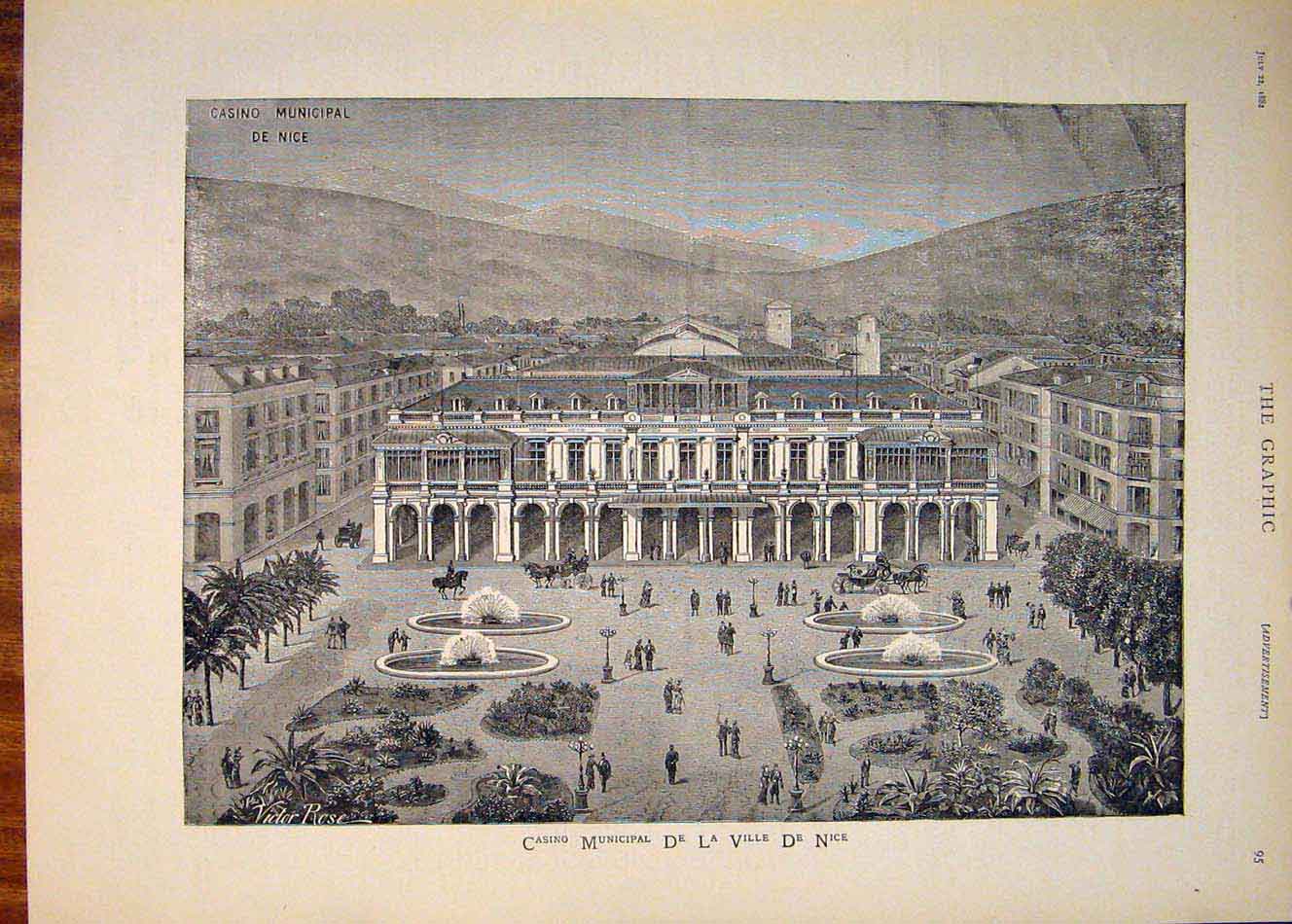 Original Old Antique Print Casino Municipal De La Ville De Nice France 1882 19th