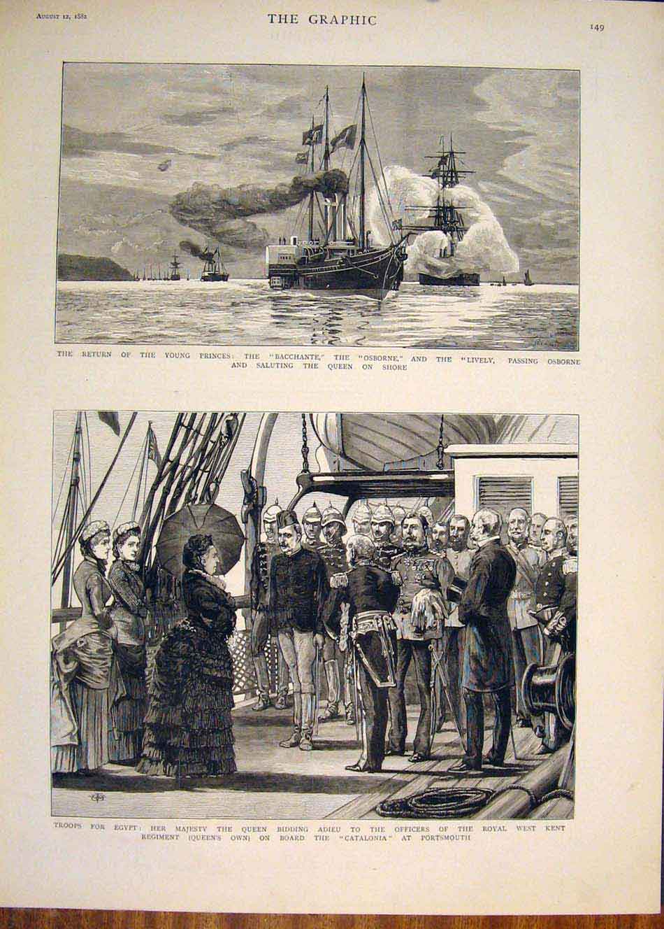 Original Old Antique Print Bacchante Osborne Lively Ships Egypt Catalonia 1882