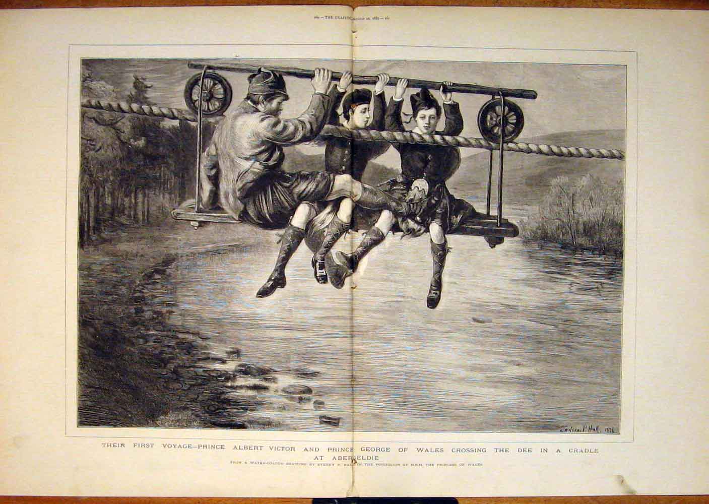 Original Old Antique Print Abergeldie Dee River Prince George Albert Hall 1882
