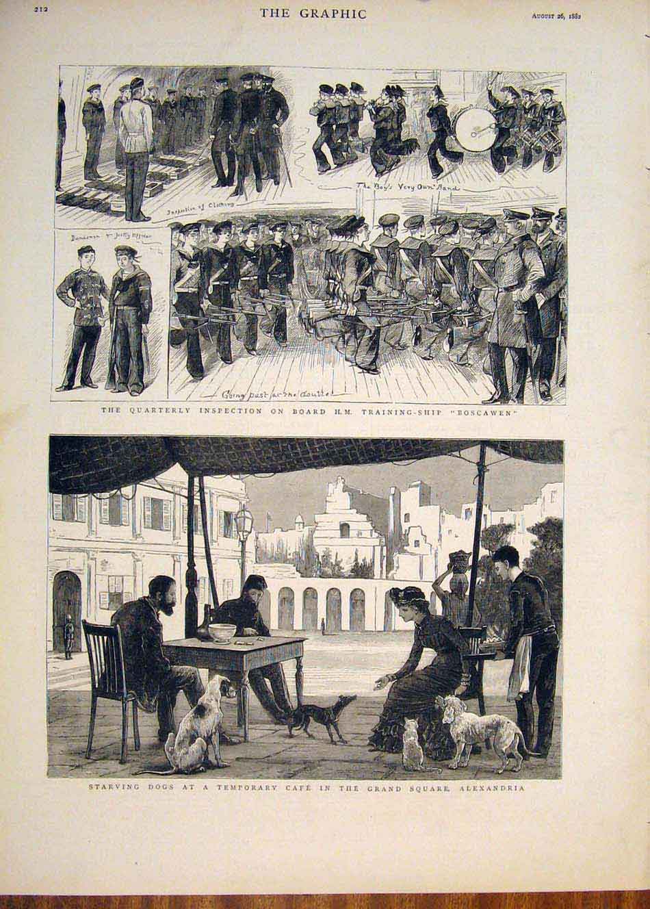 Antique Old Print Boscawen Training Ship Dogs Caf∆ü ® Alexandria Egypt 1882 19th