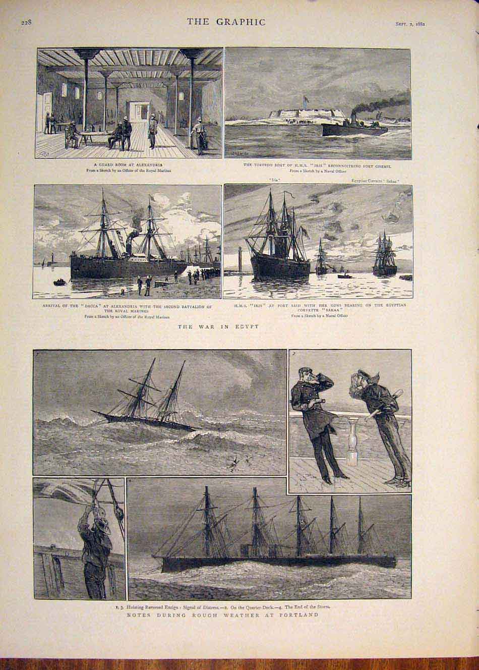 Original Old Antique Print Portland Rough Weather War Egypt Alexandria Iris 1882