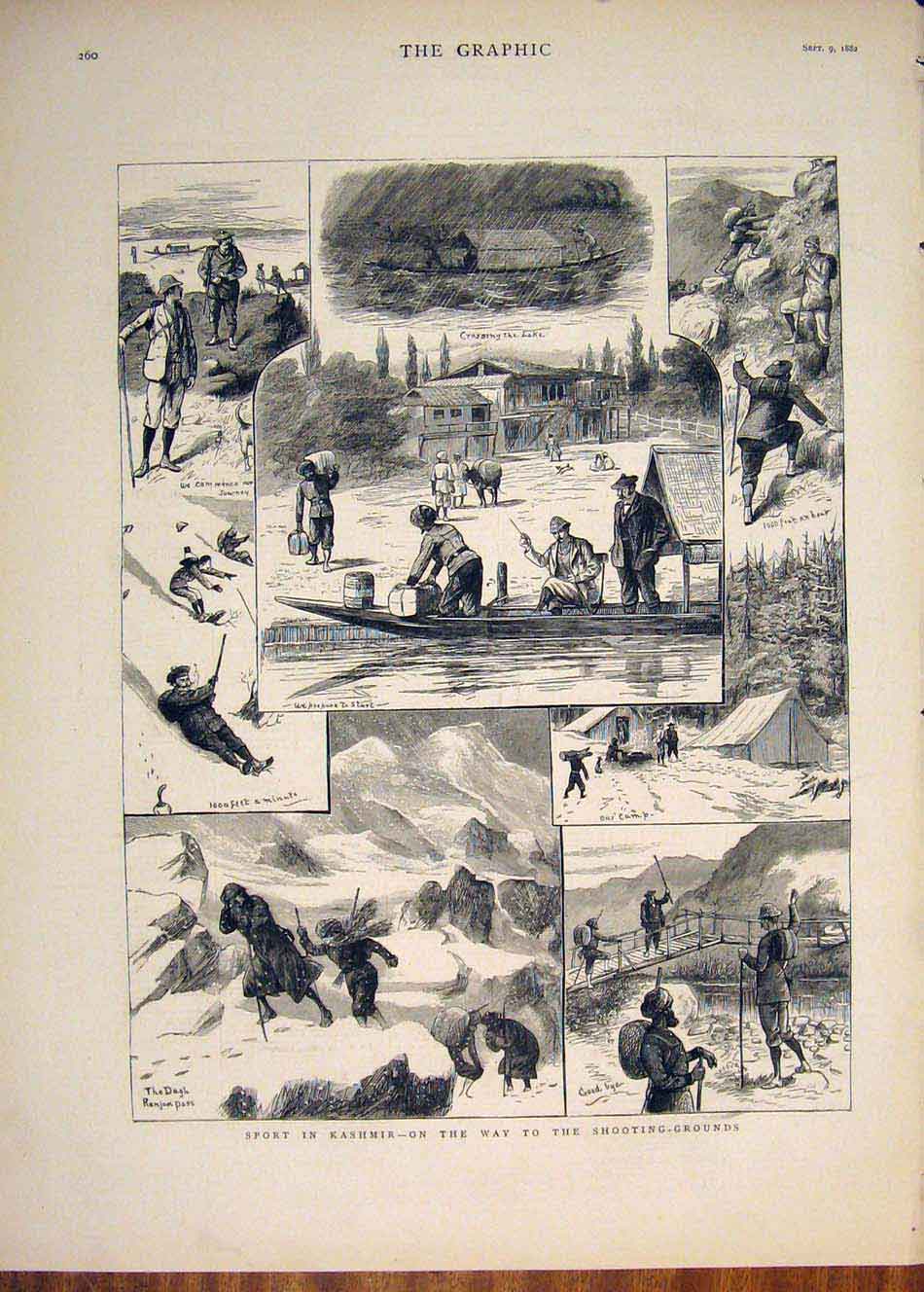 Original Old Antique Print Kashmir Shooting Shoot Lake Dagh Ranjan 1882 19th