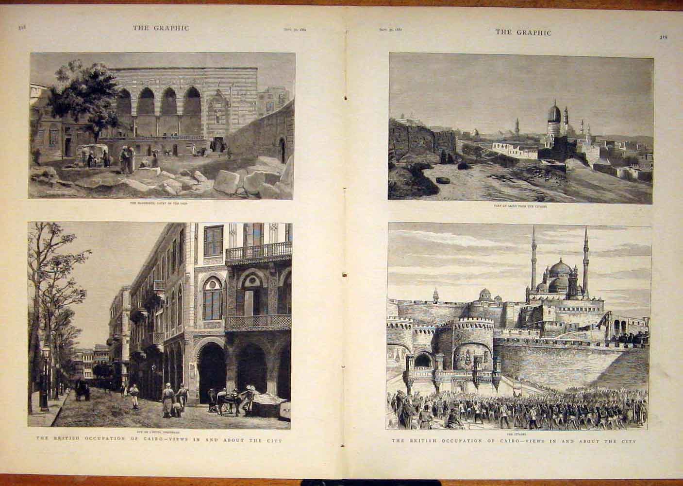 Old Antique Print British Cairo Egypt Africa Citadel Mahkemeh Shepheard